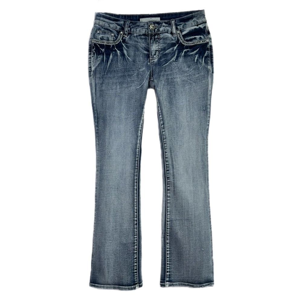 Cato Acid Wash Rhinestone Bling Medallion Pocket Bootcut Jeans - Petite